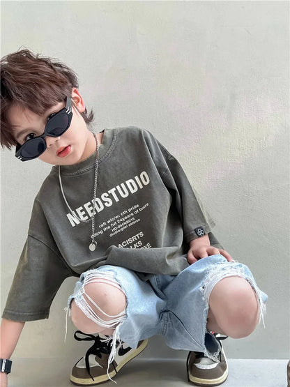 Pure Cotton Children's Short Sleeved Simple Trendy Letters Faded and Worn Half Sleeved T-shirts Boys Girls Stylish
