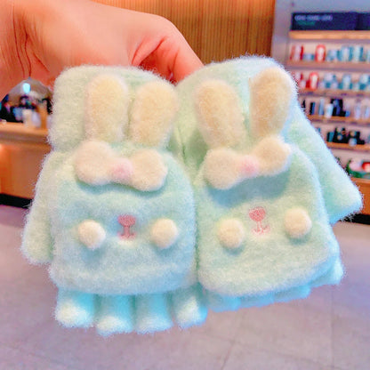 Winter Plush Knitted Cartoon Rabbit Flexible Flip-top Gloves Thicken Warm Cute Gloves For Baby Girls Half Finger Children Gloves