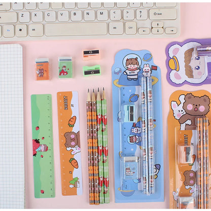 5Pcs Cute Cartoon Stationery Set Pencil Ruler Eraser Pencil Sharpener Kawaii Children School Scrapbook Supplies Set For Gifts