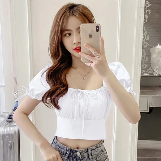 New Women's One-shoulder Lace-up Short Sleeve Waist-hugging Top