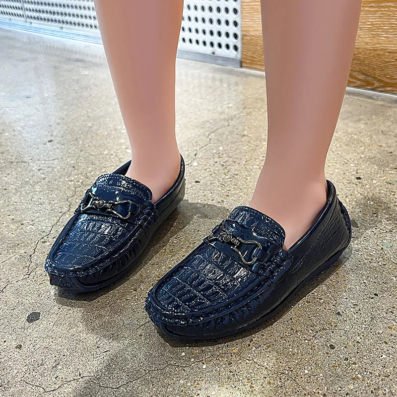 Boys Loafers Non-slip Children's Leather Shoes All-match Four Seasons Metal Buckle  Shiny Simple Kids Fashion Moccasin Shoes