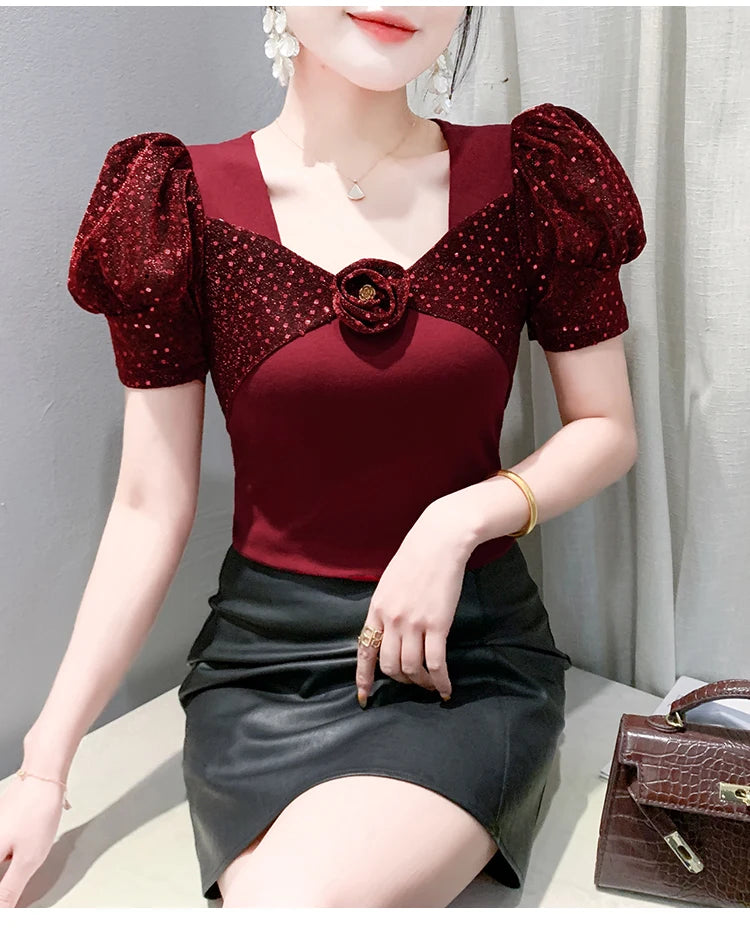 Women's Chic Youthful Square Neck Puff Sleeve T-Shirt Shimmery Floral Summer Blouse  Slim Fit Trendy Top
