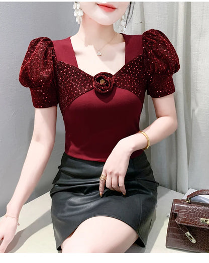Women's Chic Youthful Square Neck Puff Sleeve T-Shirt Shimmery Floral Summer Blouse  Slim Fit Trendy Top