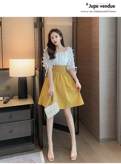 Women Summer French Style Elastic Waist Dress Korean Edition New Splicing Design Slim Half Sleeve Fairy Knee-length Dresses