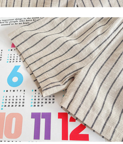 Set Children Unisex Summer New Style Cotton Stripe Pocket Shirt Polo Collar Shourts Fashion Casual Brief Versatile Korean