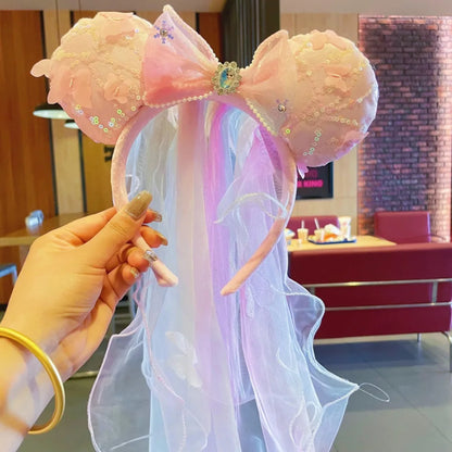 Adorable Sweet Rainbow Mouse ears veil Headband Gradient Butterfly Knot Hairband Theme Fresh Style Women's Hair Accessories