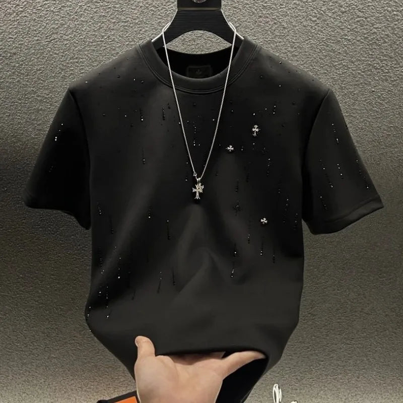 Spring New Heavy Work Light Luxury Custom Short Sleeve T-shirt Top Meteor Full Diamond T-shirt Round Neck Short Sleeve (Available)