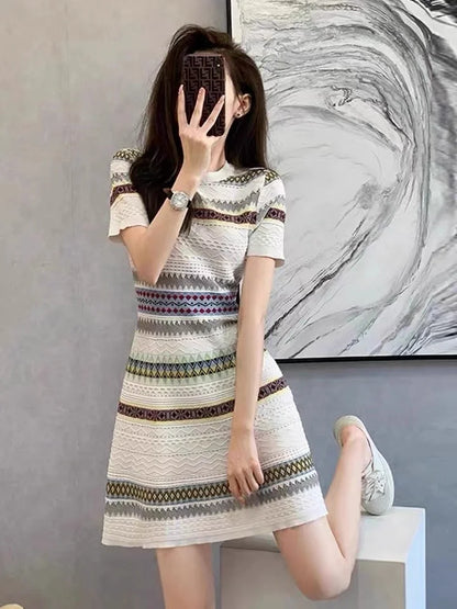 Women's Summer Knitted Dress 2025 Fashion Elegant Short Sleeve Striped Jacquard Dress W445