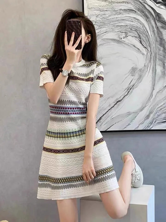 Women's Summer Knitted Dress 2025 Fashion Elegant Short Sleeve Striped Jacquard Dress W445