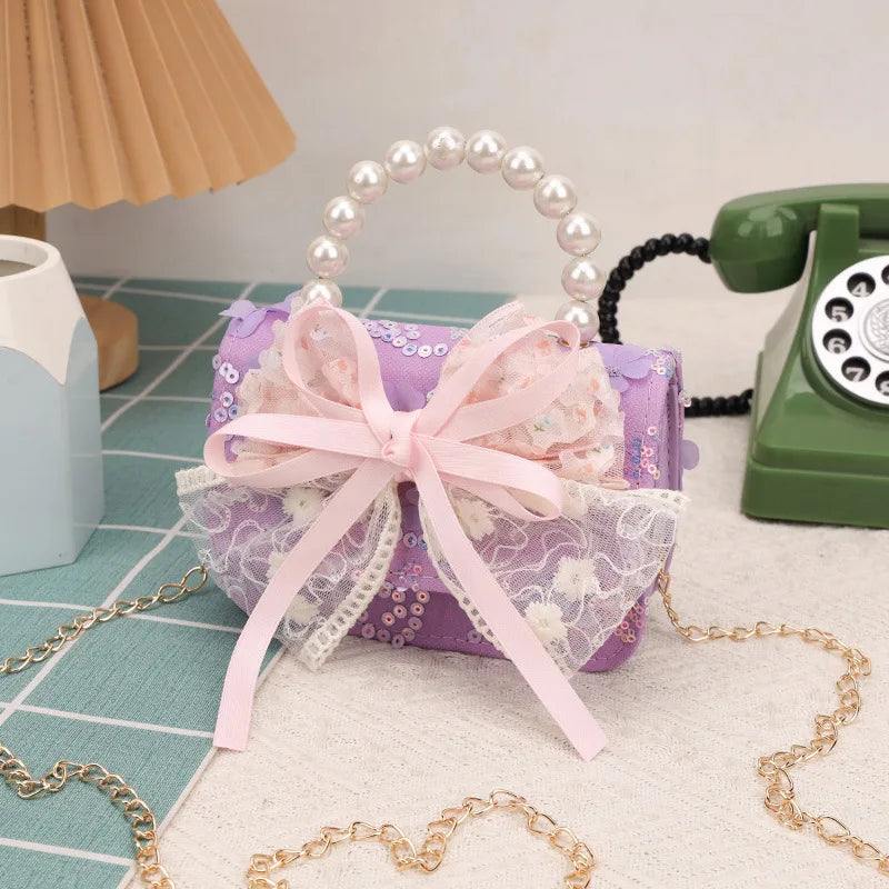 Cute Sequin Bow Kids Mini Square Shoulder Bags Versatile Children Chain Crossbody Bag Lace Girls Pearl Handbags Clutch Purse (Available)