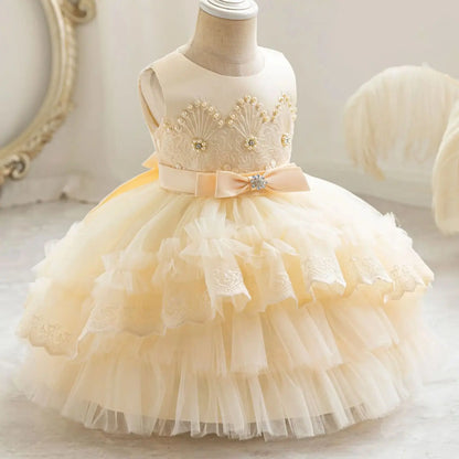 Party Dresses For Girl Formal Prom Wedding Dress Beaded Embroidery Mesh Princess Dress For Infant Baby 1st Birthday Baptism Gown