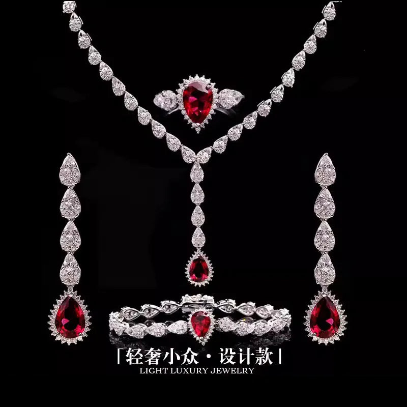 Luxury Evening Dress Accessories Pigeon Blood Red Ruby Tassel Necklaces Bracelet Earrings Rings 4-Piece Jewelry Sets For Women