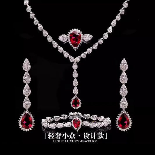Luxury Evening Dress Accessories Pigeon Blood Red Ruby Tassel Necklaces Bracelet Earrings Rings 4-Piece Jewelry Sets For Women