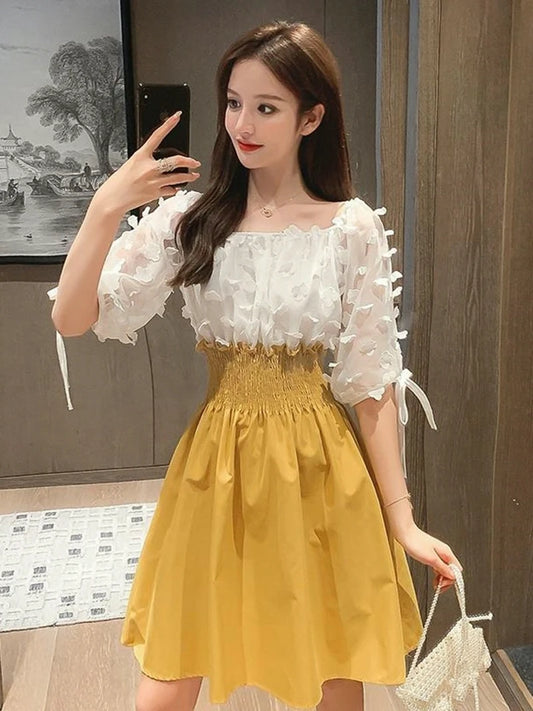 Women Summer French Style Elastic Waist Dress Korean Edition New Splicing Design Slim Half Sleeve Fairy Knee-length Dresses