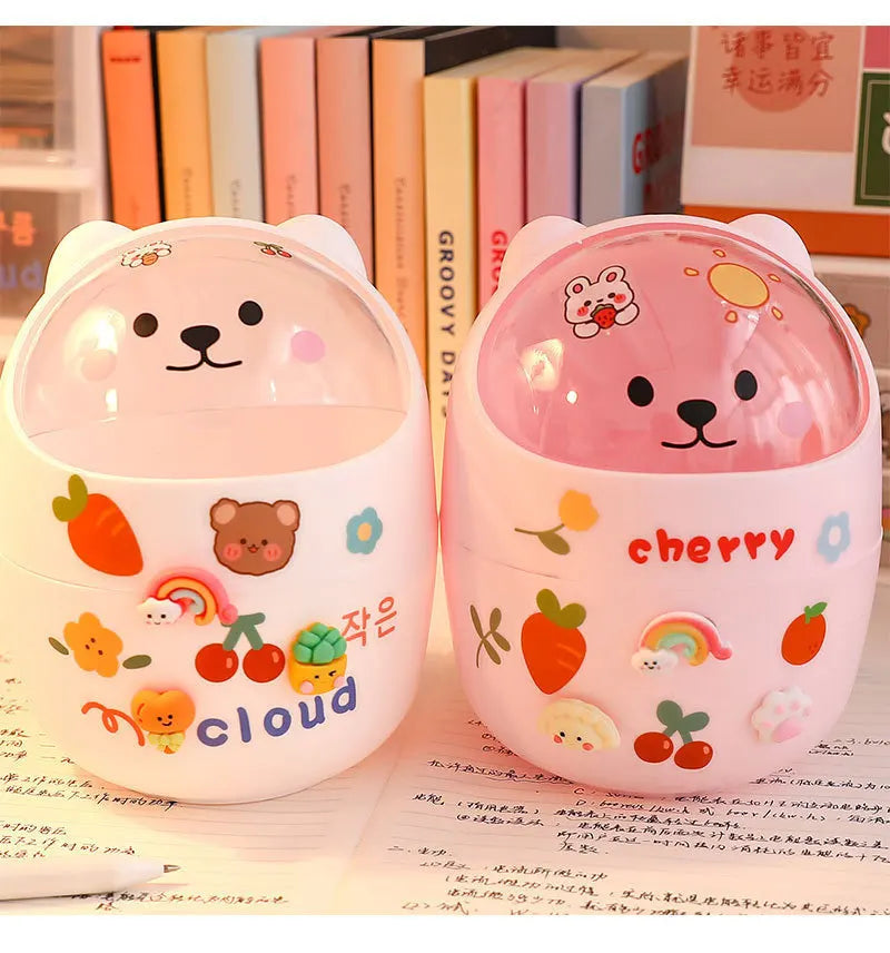 Mini Desktop Trash Can Organizer Cute Bear Multifunction Creative Cosmetic Bucket with Lid Pen Holder Kawaii Stickers Patchers