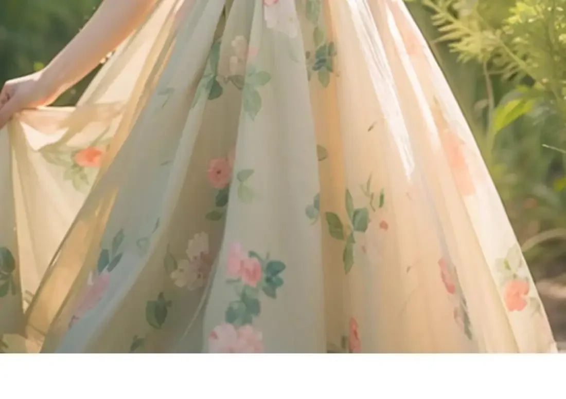 Beautiful Temperament Super Good-looking High-end Exquisite Waist-hugging Floral Puff Sleeve Dress for Women