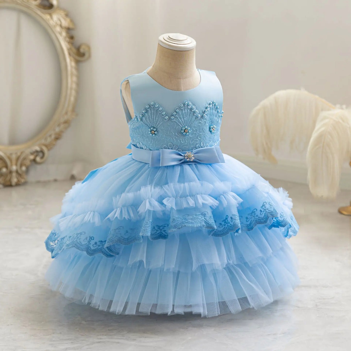 Party Dresses For Girl Formal Prom Wedding Dress Beaded Embroidery Mesh Princess Dress For Infant Baby 1st Birthday Baptism Gown
