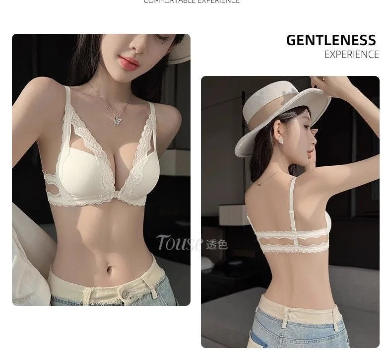 Front button underwear ladies small breasts gathered 2025 spring summer new sexy pure lace white beautiful back bra set