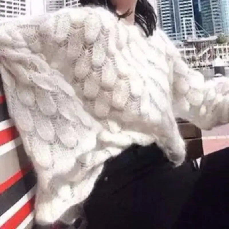 Hot 2026 Autumn Winter New European American Women's Fashion Hollow Loose Knitted Sweater Round Neck Trumpet Sleeve Head Sweater