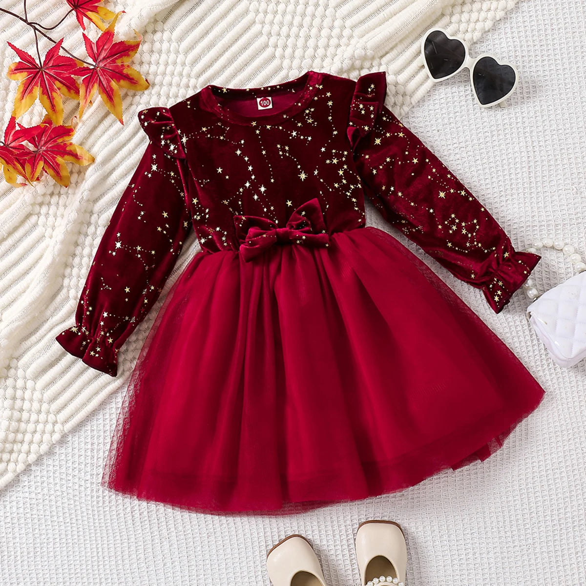 Toddler Girl Party Dress Autumn Winter 1-8 Years Children Christmas And New Year Princess Dress Red Velvet Gown Stars Mesh Dress