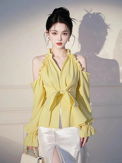 Design sense off shoulder bow yellow shirt women's spring high-end unique niche super good-looking beautiful top
