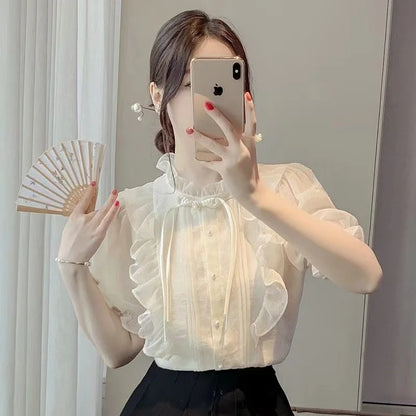 New Chinese Button French Ruffled Lace Gentle Chiffon Shirt 2025 Summer Fashion Temperament New Design Small Shirt Stylish Top