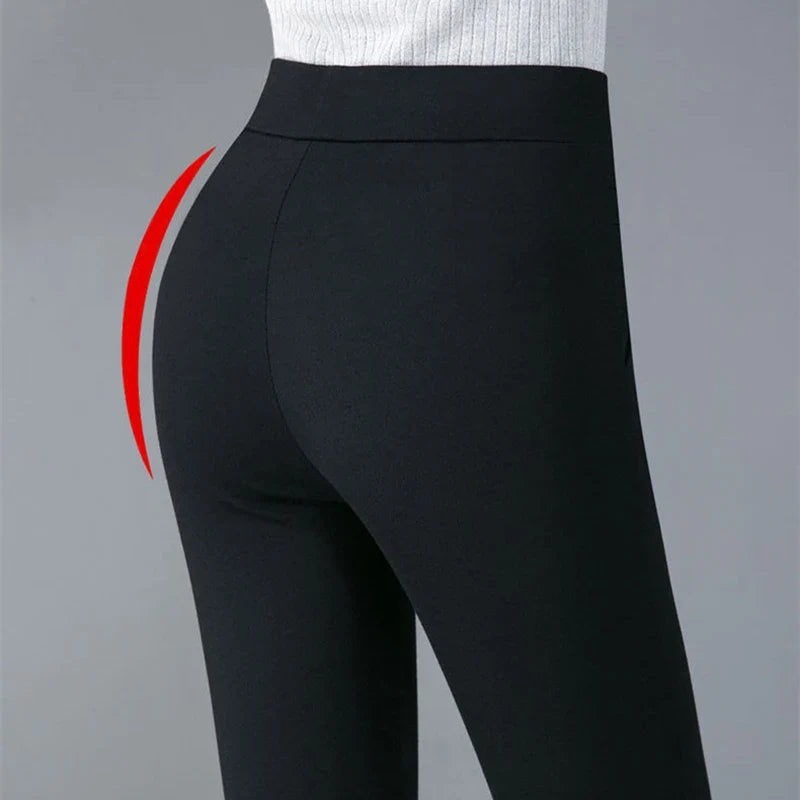 Autumn Winter Casual Elegant Office Slimming Solid Color Fleecing Thick Thin Women's Pants Elastic Waist Tight Pencil Pants (Available)