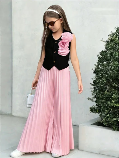Little Girls' Color - Block Fashion Two - Piece Set: 3D Floral Sleeveless Vest + High - Waisted Pleated Wide - Leg Pants