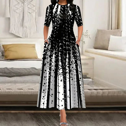 Women's Elegant Party Long Dresses Loose Round Neck Short Sleeves Retro Printed Casual Long Dress  (Available)
