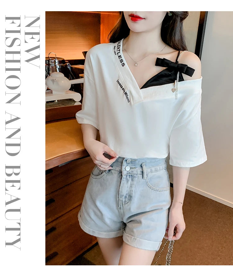 Unique Design oulder Bared ort Sve V-Ne Loose T-irt for Women  Knot Print Splice Asymmetrical Korean Sle