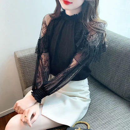 Chiffon Women's Shirt and Blouse Lace Flowers Luxury Designer Youthful Woman Clothes Vintage Clothing Female Tops Trend 2025 New