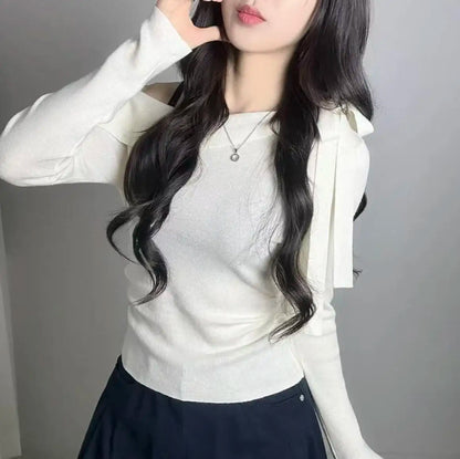 Women's Knitted Sweater Chic oulder Bow Design Long Sve Sweet Inner Wear Base irt Korean Sle Faionable Top