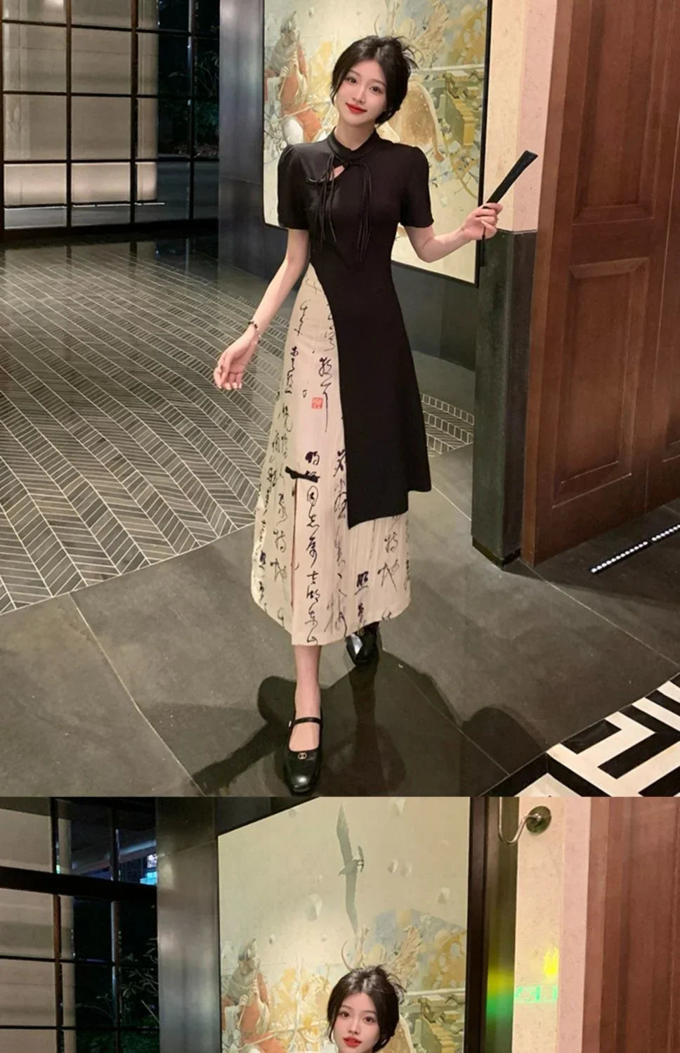 New Chinese Style High Grade Irregular Calligraphy Half Body Dress Fashion Qipao Two Piece Set Skirt Women's Summer Hanfu Suit