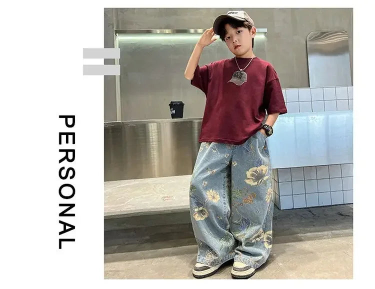 Boys' Summer Outfit Sets New Style Children's Short Sleeved T-shirt Long Pants Two-piece Suits Big Children's Stylish Sets