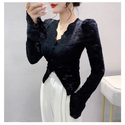 Spring Summer Lace T-shirt Slim Women V-neck Long Sleeve Shirt Button Irregular Short Tops Puff Sleeves Vintage Chic Design Tees