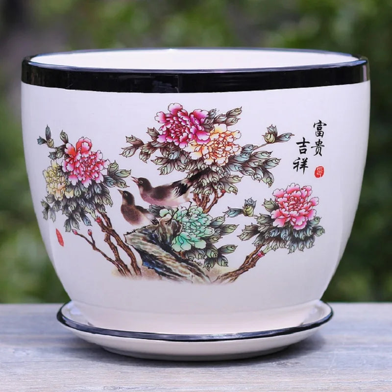 China Jingdezhen Ceramic Flower Pot Vintage Ink Painting Desktop Decorative Vase Indoor Greenery Landscape Breathable Flower Pot (Available)