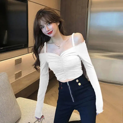 Slash Neck T-Shirts Women Sexy Lady New Design Solid Shirring All-match Футболка Женский Summer Slim Cozy Ins Chic Korean Trendy