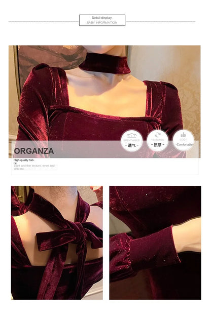 Sexy Dress Women French Retro Vintage Square Collar Waist Office Lady Wine Red Golden Velvet Autumn and Winter Female Clothing