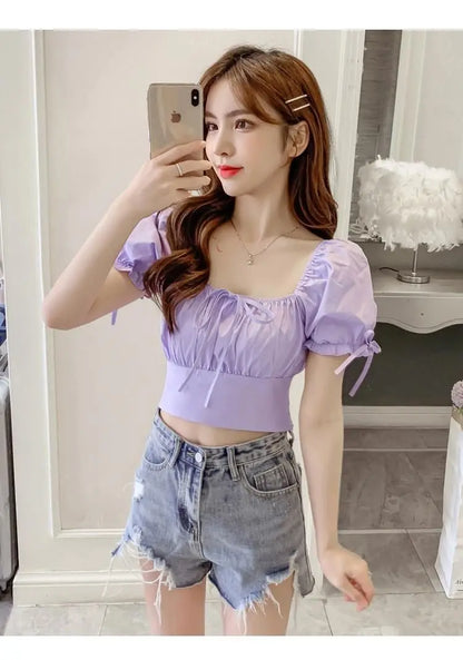 New Women's One-shoulder Lace-up Short Sleeve Waist-hugging Top