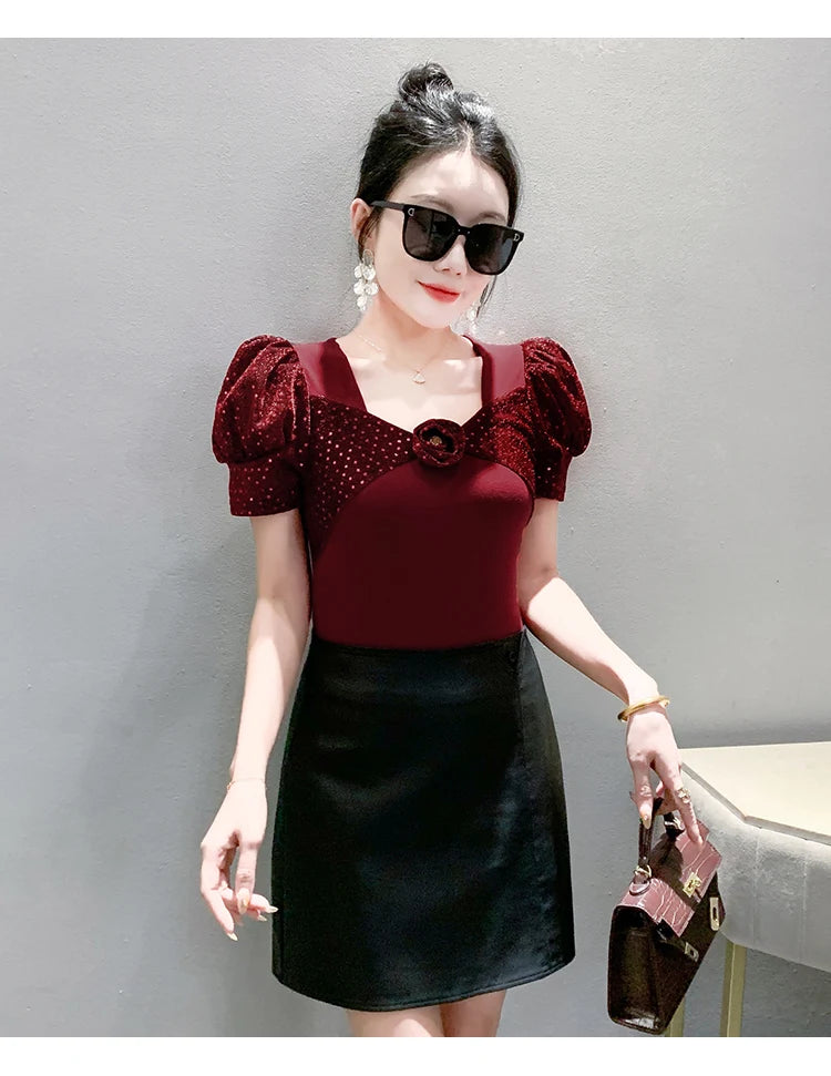 Women's Chic Youthful Square Neck Puff Sleeve T-Shirt Shimmery Floral Summer Blouse  Slim Fit Trendy Top
