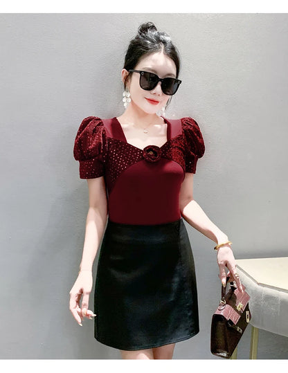 Women's Chic Youthful Square Neck Puff Sleeve T-Shirt Shimmery Floral Summer Blouse  Slim Fit Trendy Top