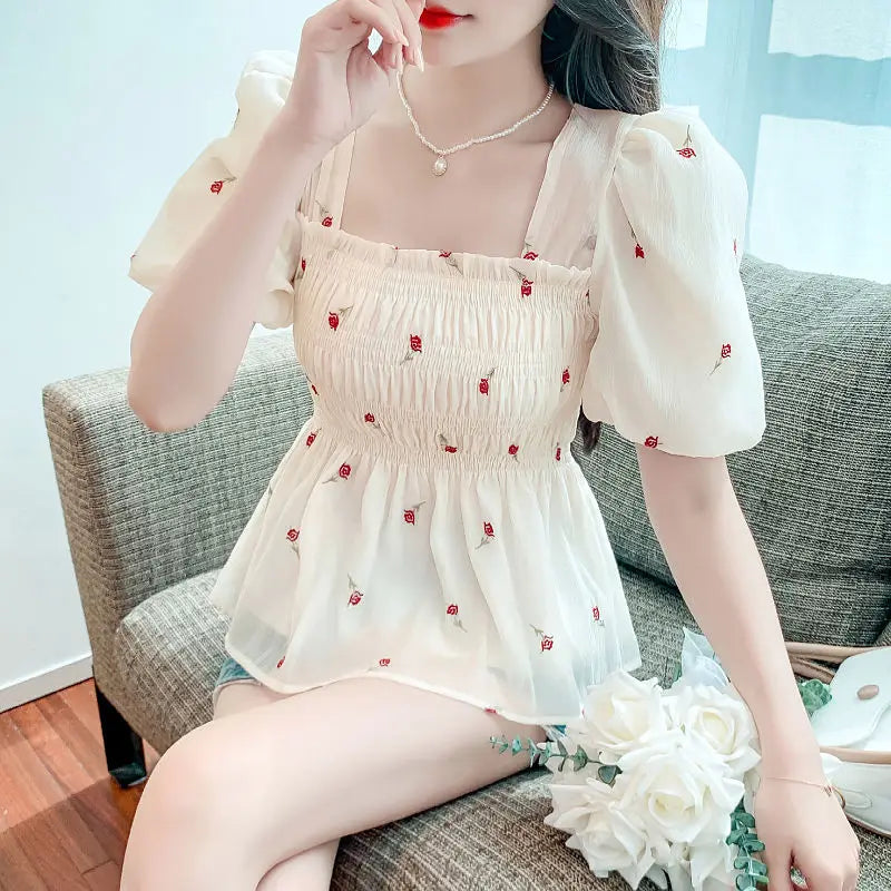 All-match Flower Printing Square Collar Shirring Chiffon Summer Pullover Puff Short Sleeve T-shirt Casual Women's Clothing Tops