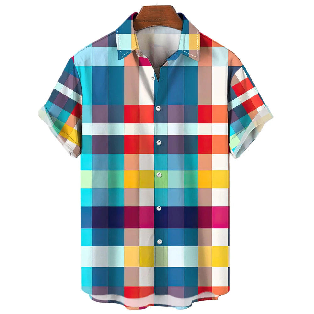 Hawaiian Rainbow Colorful Plaid Shirt For Man Oversized 3d Fashion Causal Short Sleeve Simple Button Beach Clothing Summer (Available)