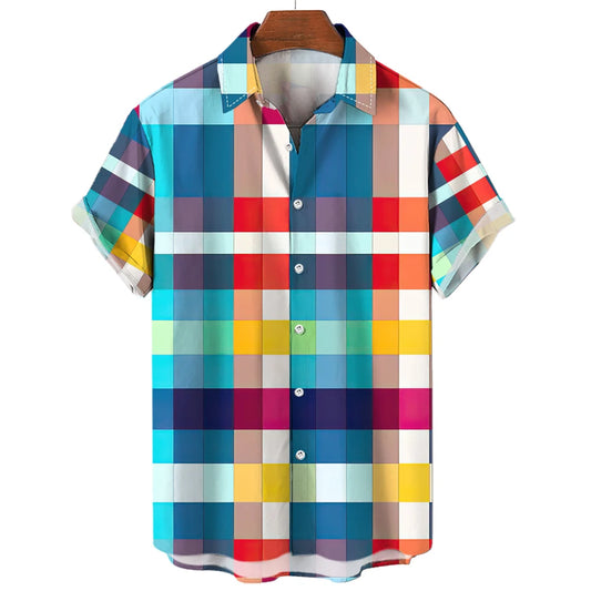 Hawaiian Rainbow Colorful Plaid Shirt For Man Oversized 3d Fashion Causal Short Sleeve Simple Button Beach Clothing Summer (Available)