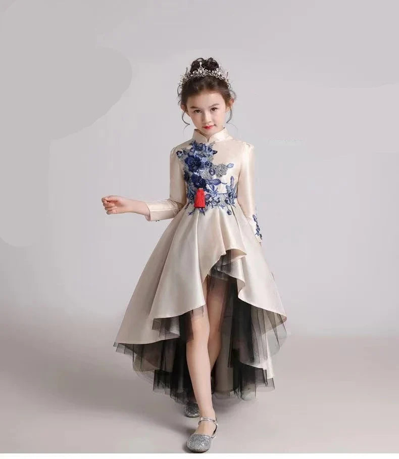 Girls' Fashion Evening Dress Children's Chinese Style Host Piano Performance Costume Dress Kids' Stand up Embroidered SkirtLI852 (Available)