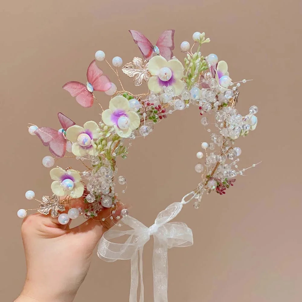 Butterfly Fairy Hair Hoop Beads Simulation Flower Flower Headdress Hair Ornaments Adjustable Wreath Headband