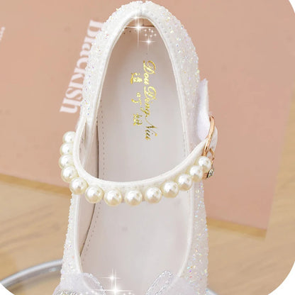 Glitter Girls' Dress Shoe with Wedding Ceremony Party White Sequin Shoes Heeled Children Bow High Heels Girls Shoes Princess New