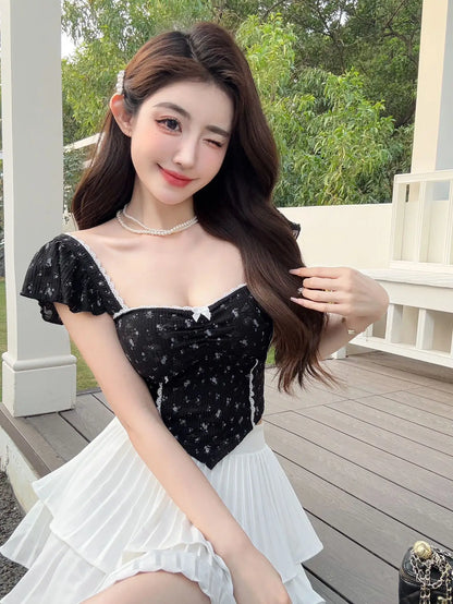 Summer New Pure Desire Sweet Floral Print off oulder Crop Top Slimming  with Chest Pad Versatile Women's Vest