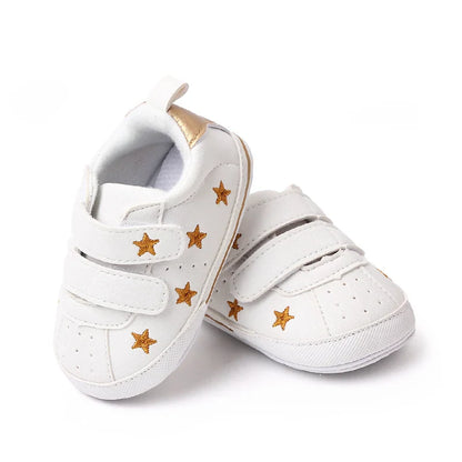 Baby White PU Sneaker Non-slip for Toddler Boys and Girls Cute Embroidery Stars and Hearts