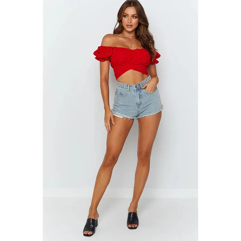 New lantern short sleeved umbilical cord sexy short shirt pleated women's shirt slim fit top for women